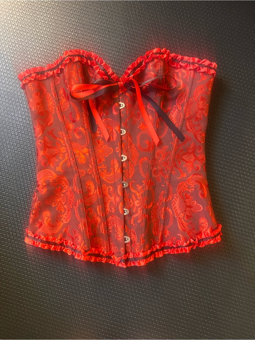 Red Brocade Strapless Corset Top with Ribbon Tie